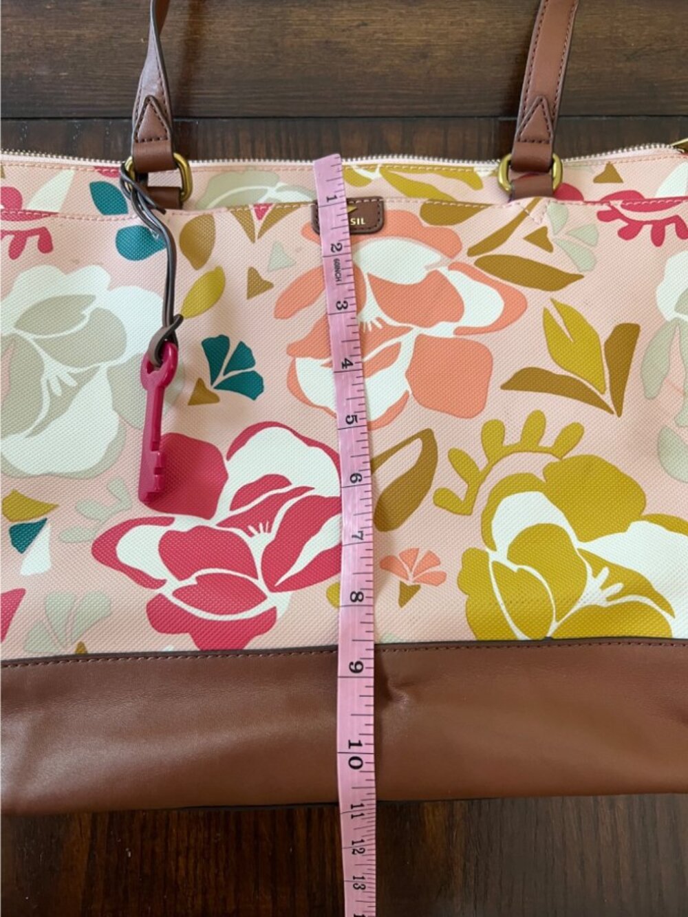 Fossil Mothers Day Large Shopper Tote Shoulder Bag Purse Pink Floral Print Key - Picture 7 of 11